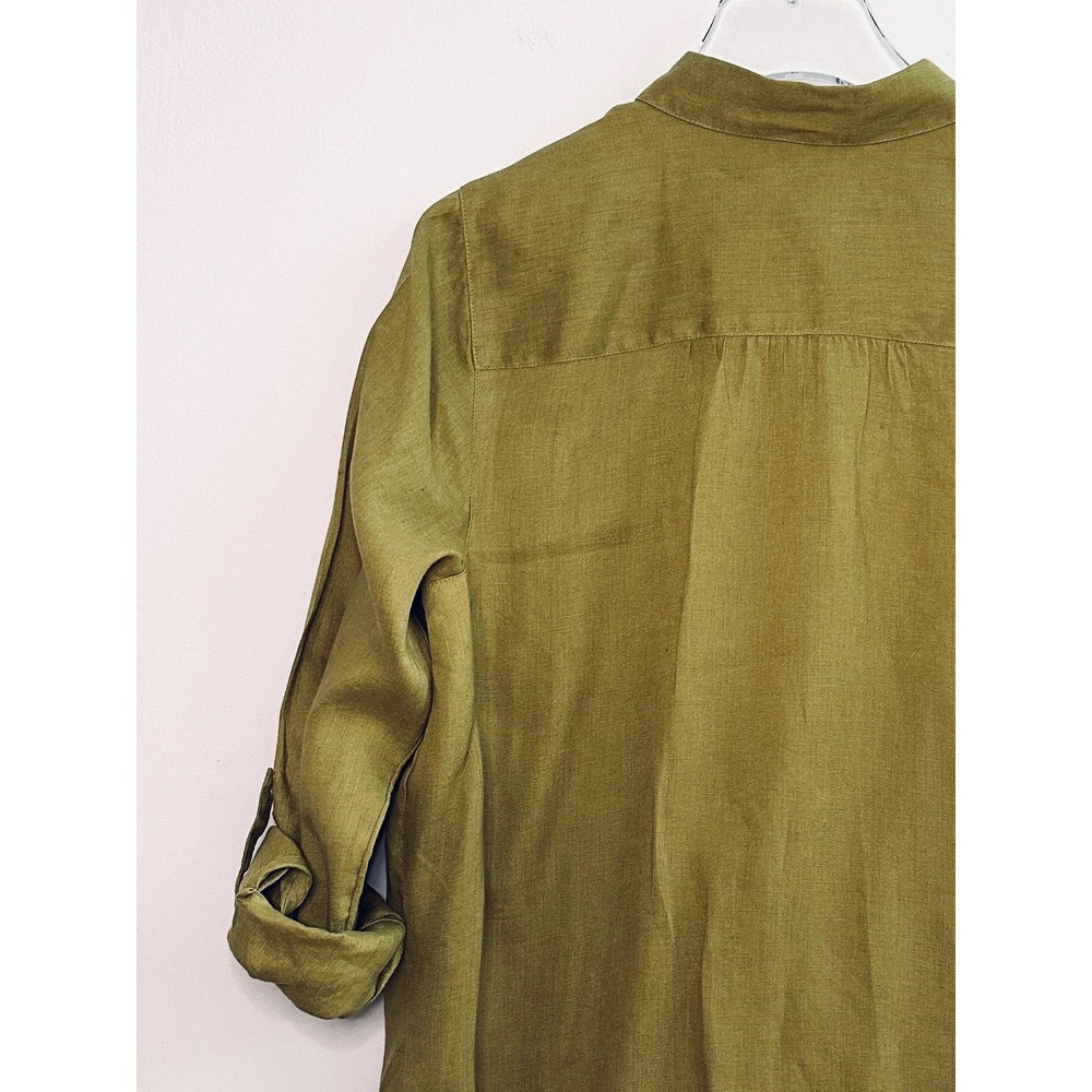 J. Jill Love Linen Olive Green Button Down Shirt Roll Tab Sleeve Moss Small - Picture 3 of 4